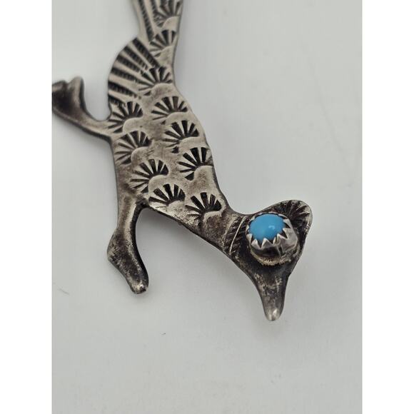 Vintage Stamped Sterling Silver & Turquoise Roadrunner Pin Brooch Southwestern - Picture 5 of 12